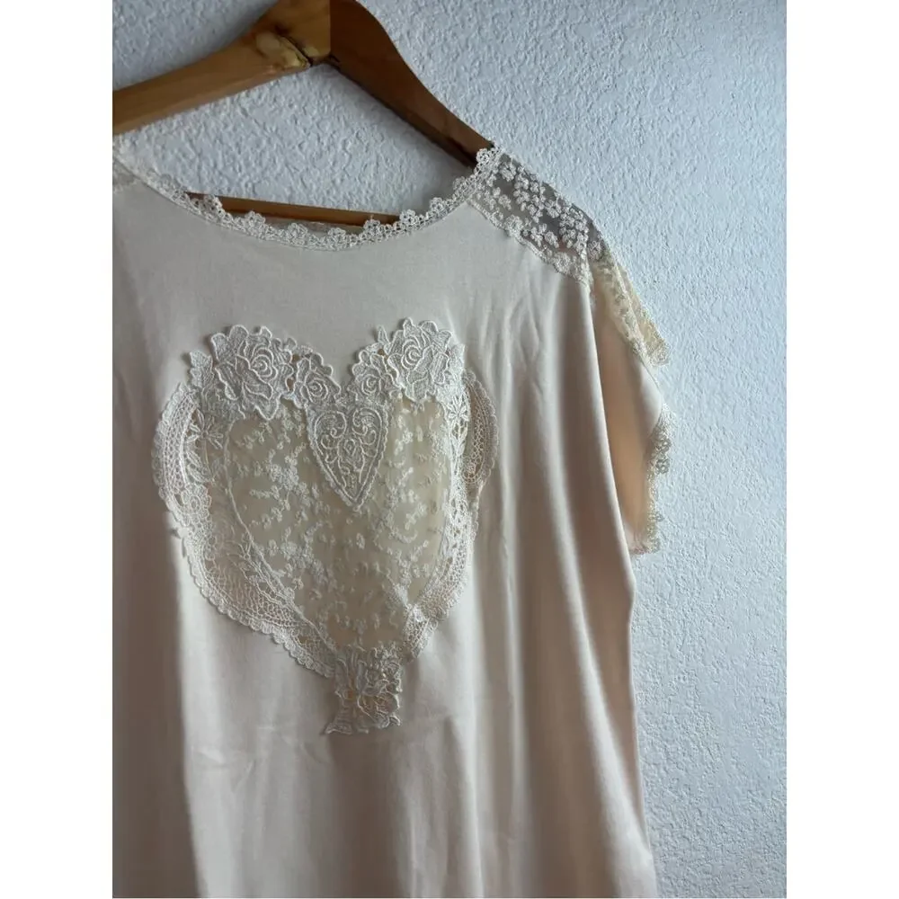 Vintage Verena Cream Lace Heart Nightshirt Night Gown Small